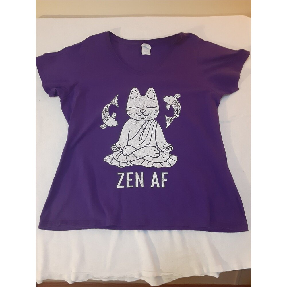 Zen AF Cat Meditating Yoga T-Shirt Purple Funny Graphic Tee Women's Size XXL